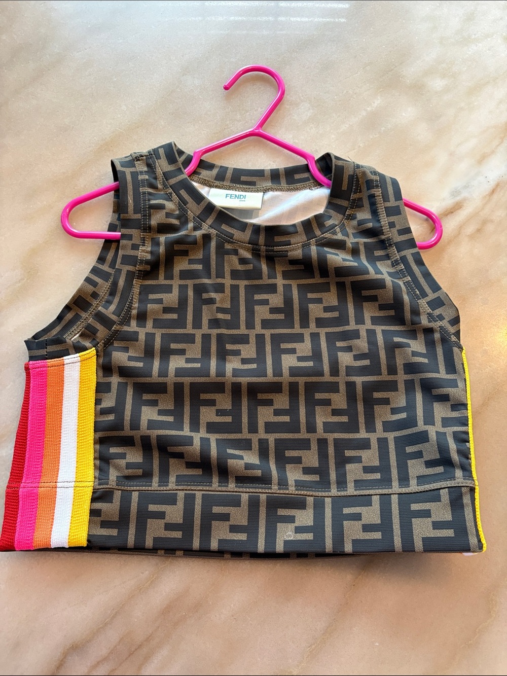 Fendi Brown FF Logo Tank Top with Pink, Red, Orange, White & Yellow Stripes